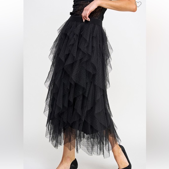Trending Fun and Flirty Ruffled Tulle Pull on Stretch Waist Midi Skirt - Picture 7 of 7